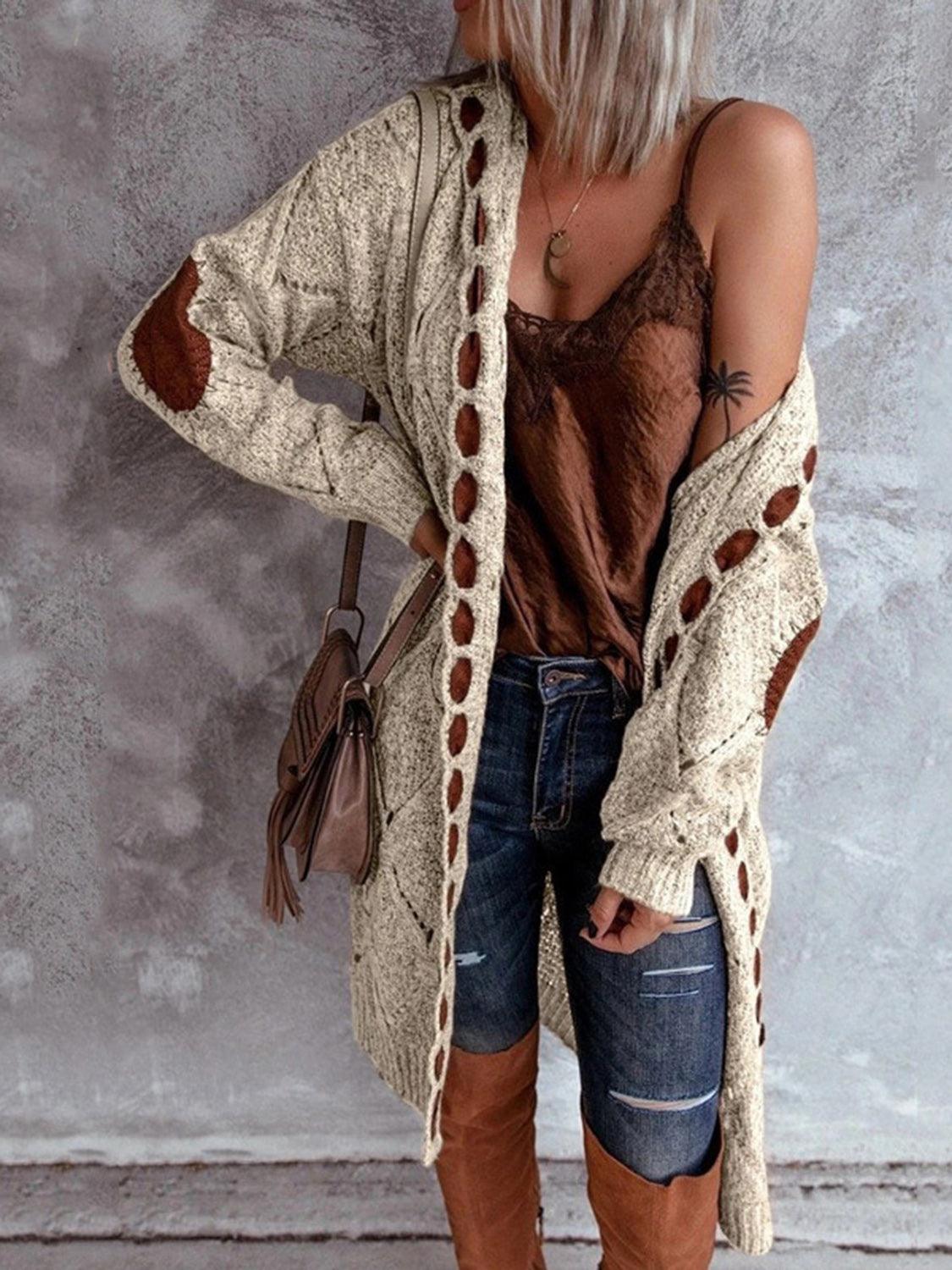 Openwork Long Sleeve Open Front Hooded Cardigan Carauana Store