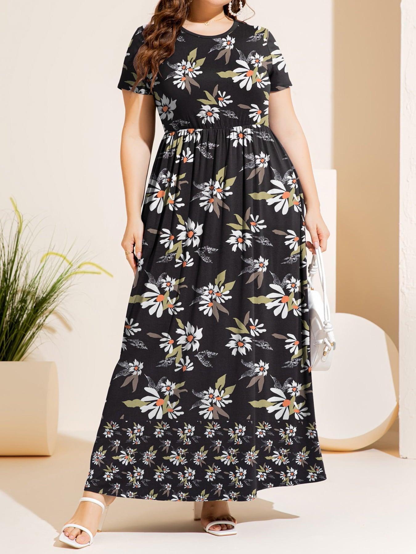 Plus Size Printed Round Neck Short Sleeve Maxi Dress Carauana Store