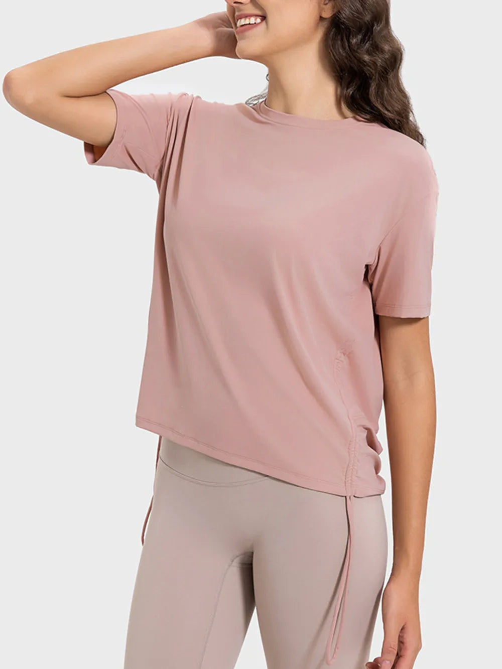 Millennia Drawstring Round Neck Short Sleeve Active T-Shirt Carauana Store