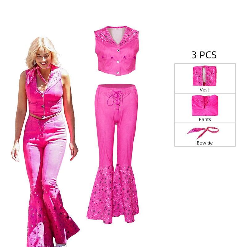 Aboutcos New Movie Barbie Cosplay Costume Wig Barbie Pink Dress Woman Halloween Role Play Party for Gilrs Carauana Store