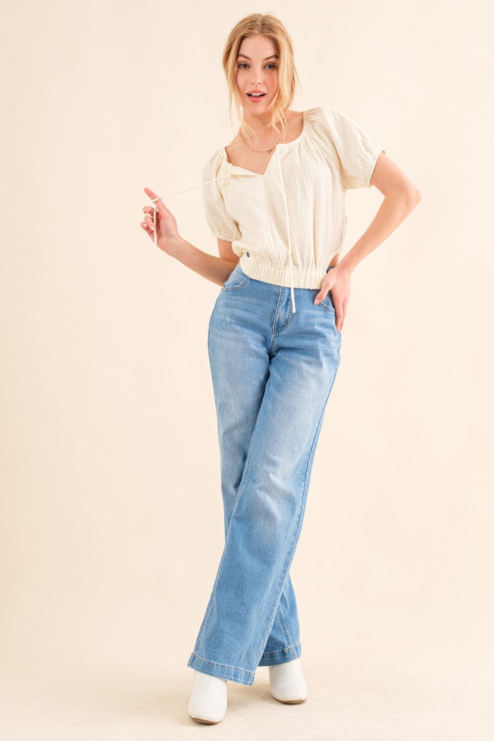 And The Why Back Waist Tie Cropped Blouse Carauana Store