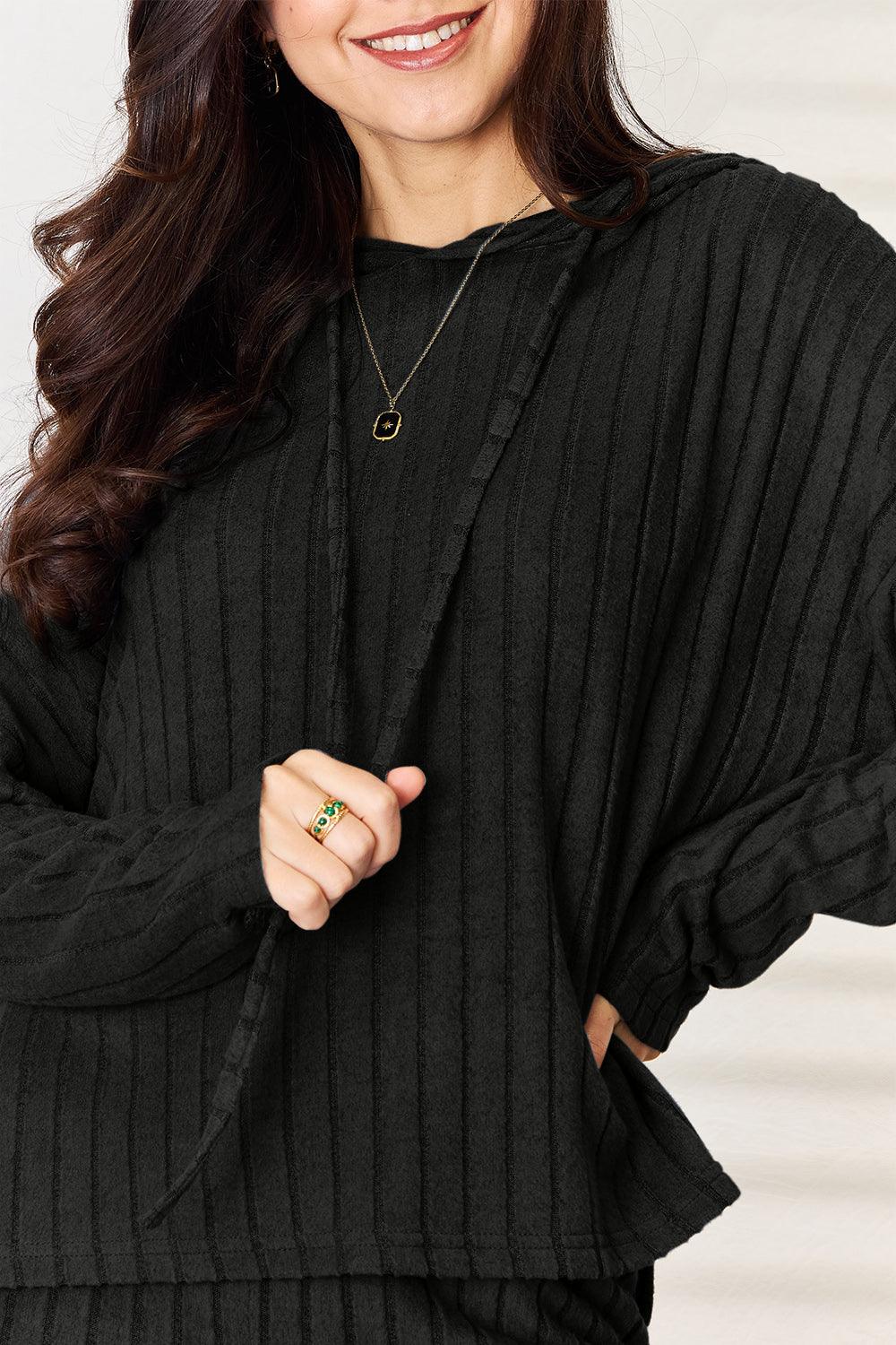 Basic Bae Full Size Ribbed Drawstring Hood Top and Straight Pants Set Carauana Store