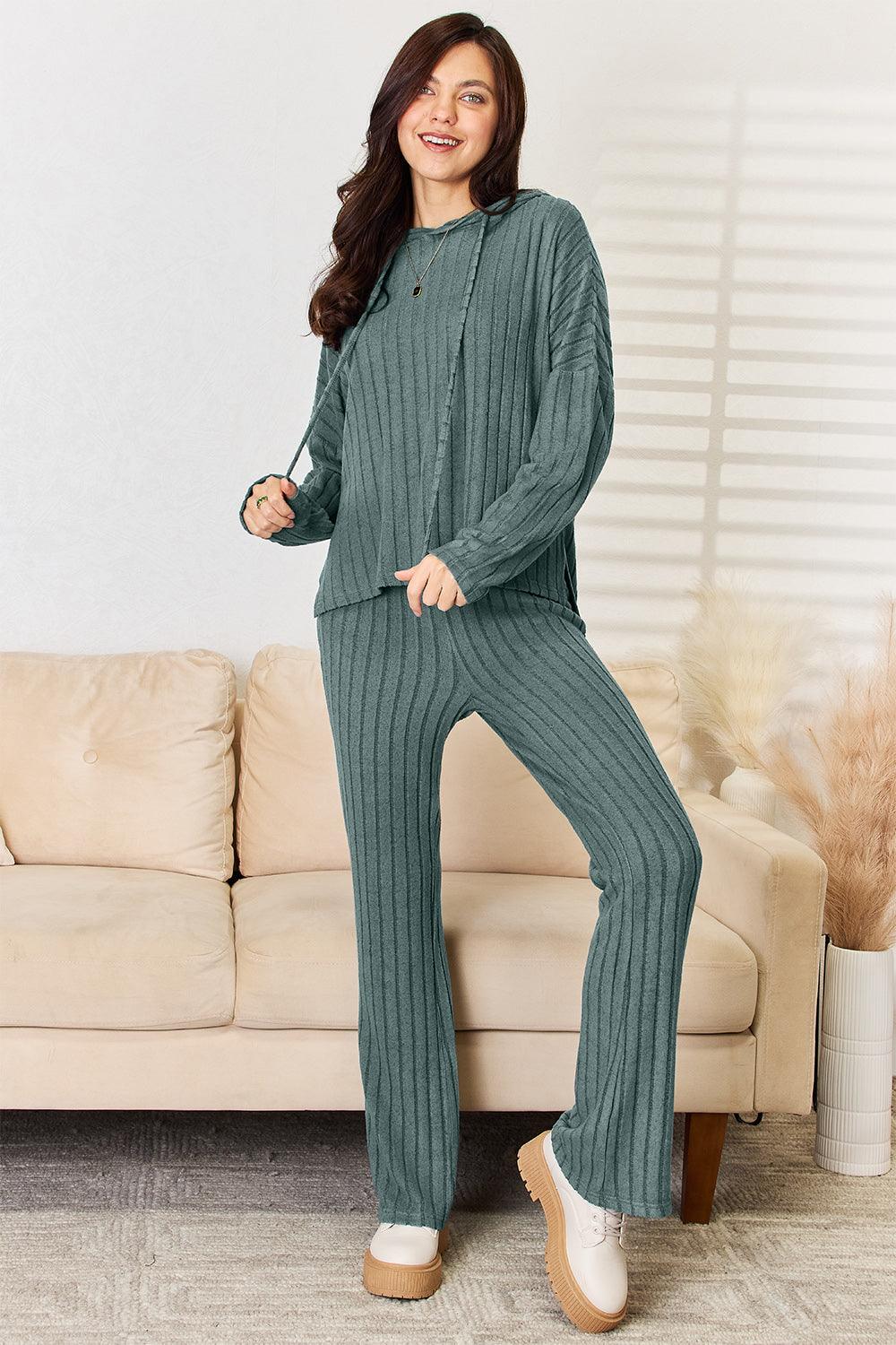 Basic Bae Full Size Ribbed Drawstring Hood Top and Straight Pants Set Carauana Store