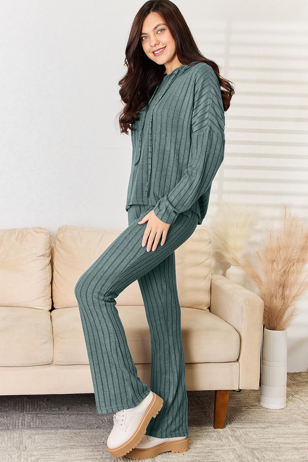 Basic Bae Full Size Ribbed Drawstring Hood Top and Straight Pants Set Carauana Store