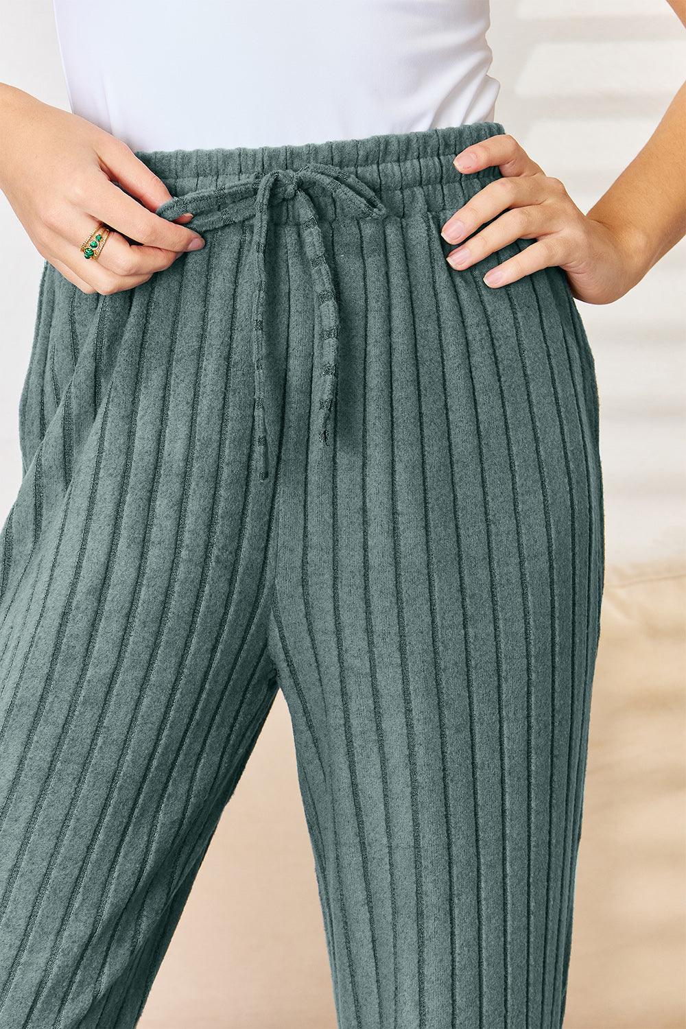 Basic Bae Full Size Ribbed Drawstring Hood Top and Straight Pants Set Carauana Store