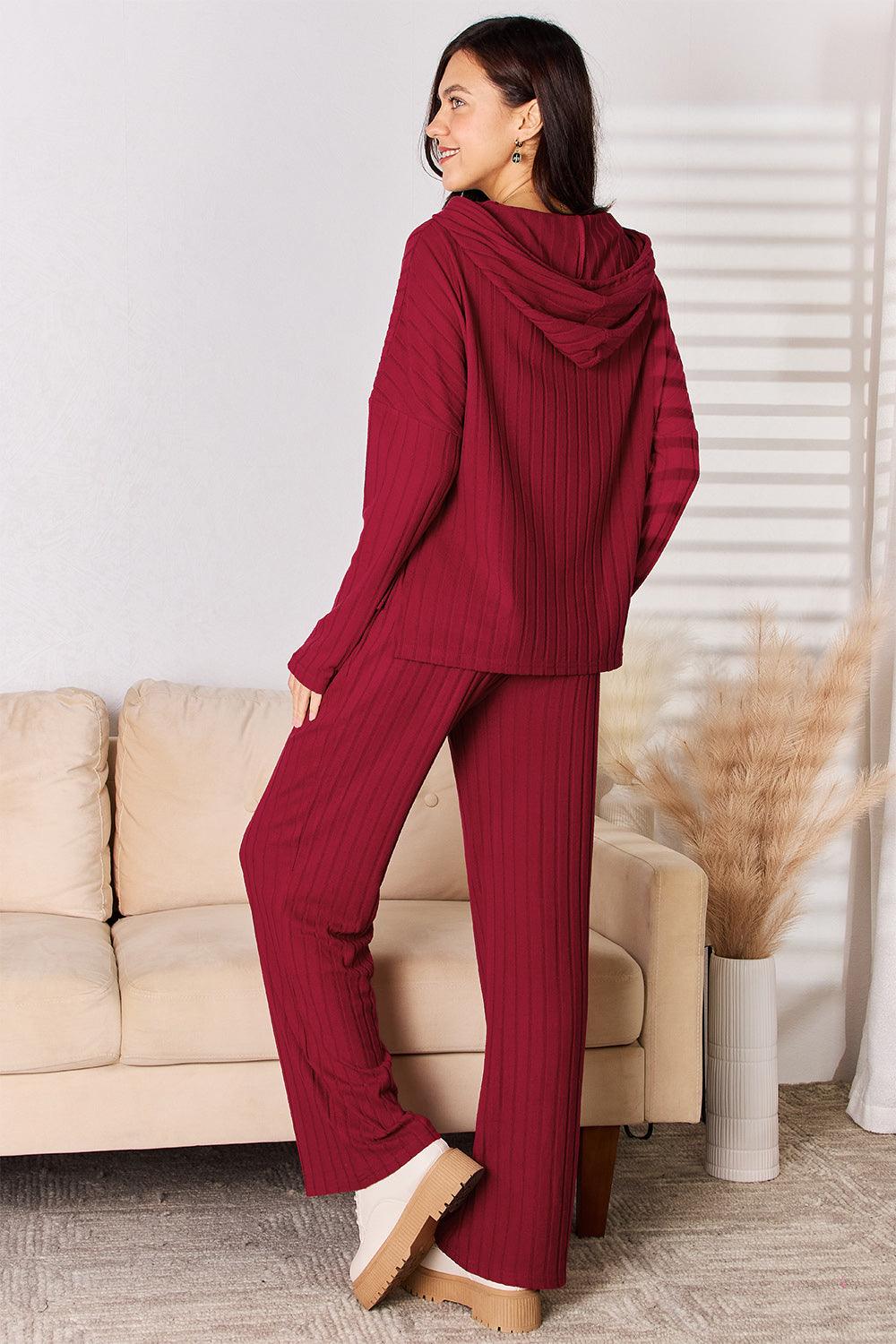 Basic Bae Full Size Ribbed Drawstring Hood Top and Straight Pants Set Carauana Store