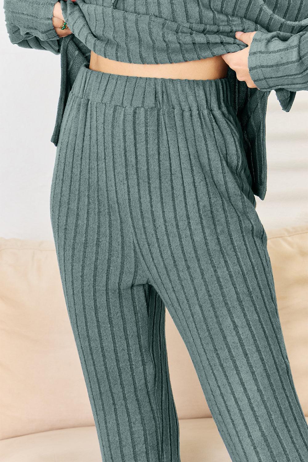 Basic Bae Full Size Ribbed Drawstring Hood Top and Straight Pants Set Carauana Store