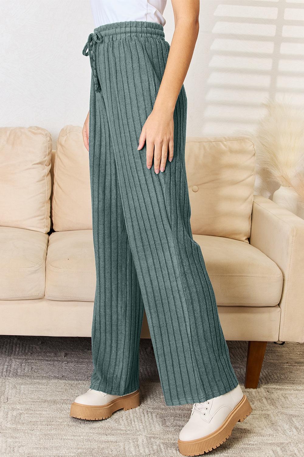 Basic Bae Full Size Ribbed Drawstring Hood Top and Straight Pants Set Carauana Store