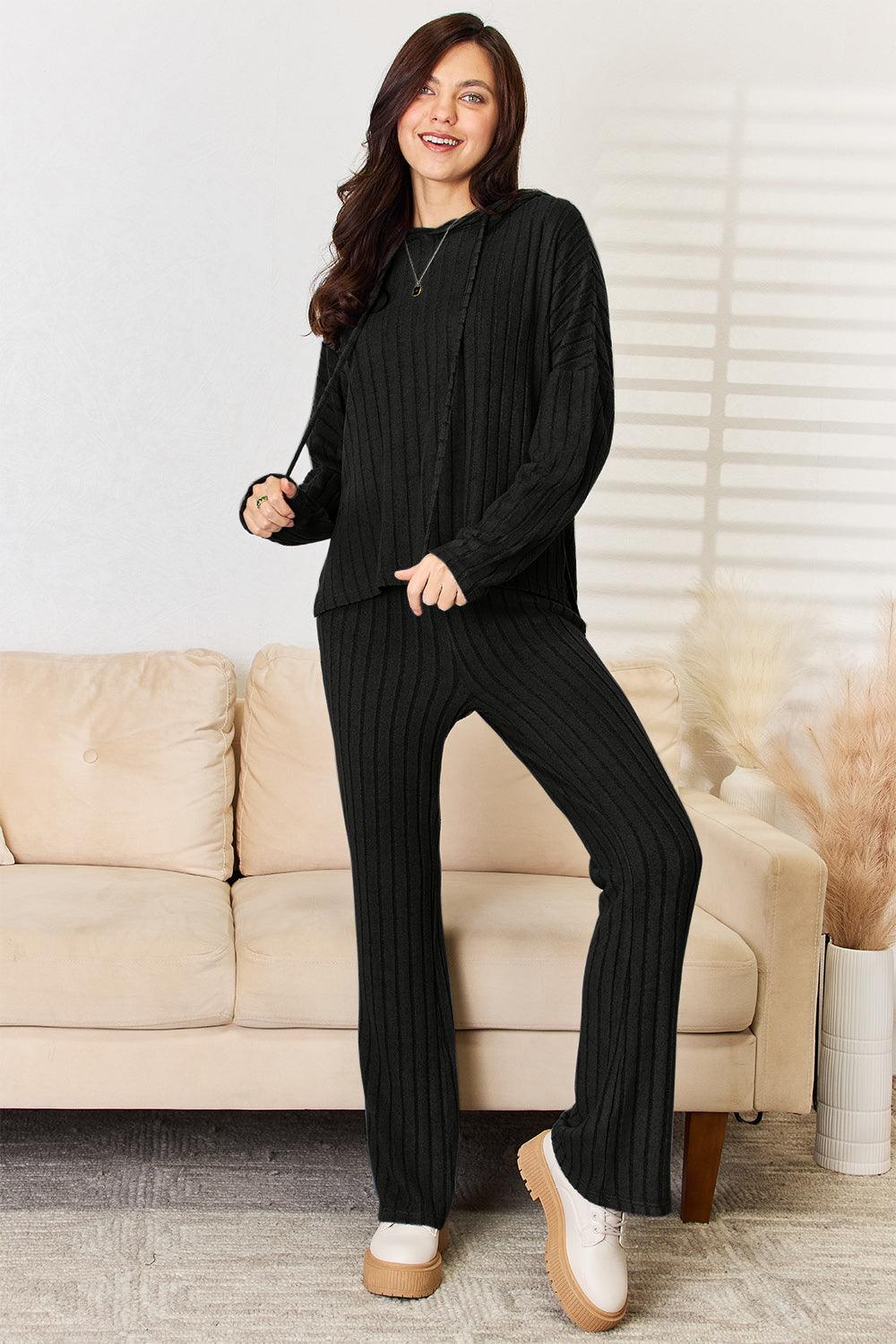 Basic Bae Full Size Ribbed Drawstring Hood Top and Straight Pants Set Carauana Store