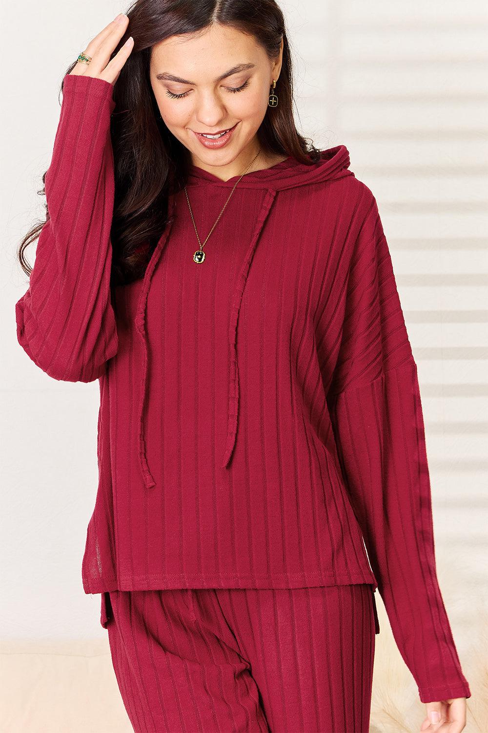 Basic Bae Full Size Ribbed Drawstring Hood Top and Straight Pants Set Carauana Store