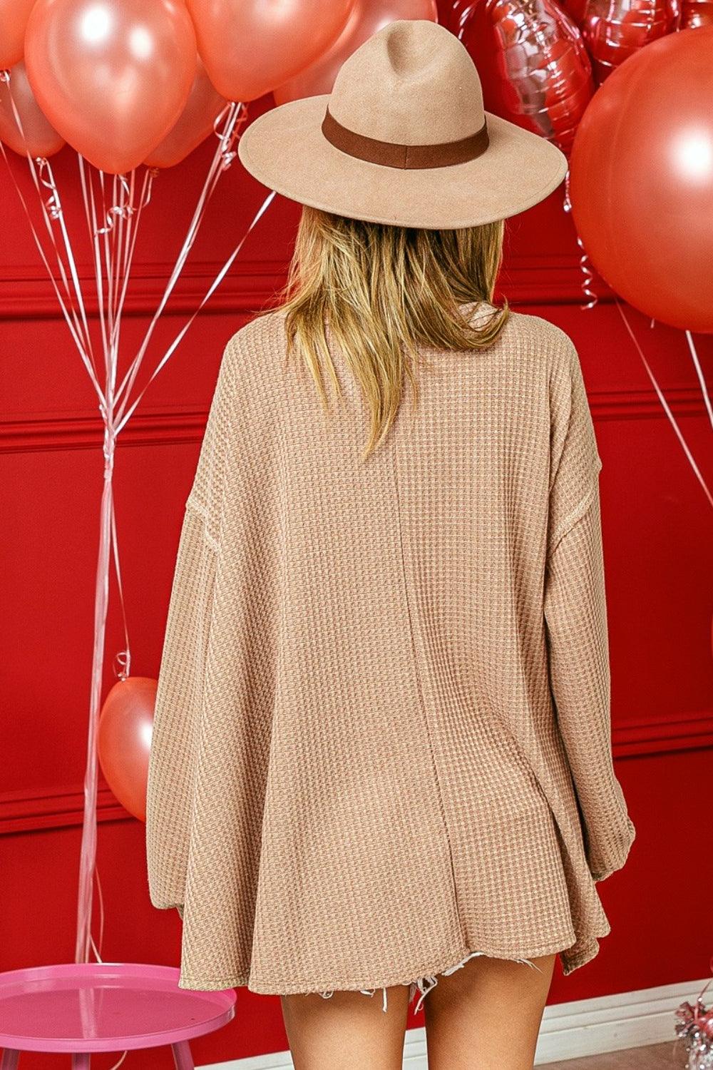 BiBi V-Neck Waffle Uneven Hem Top Carauana Store