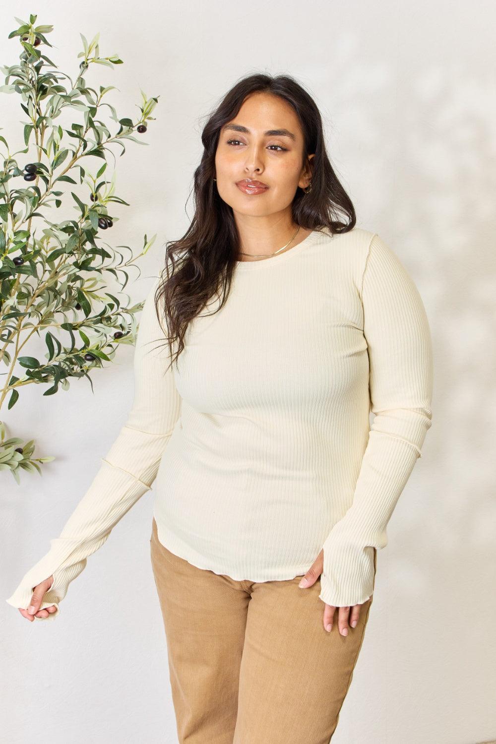 Culture Code Full Size Ribbed Round Neck Long Sleeve Top Carauana Store