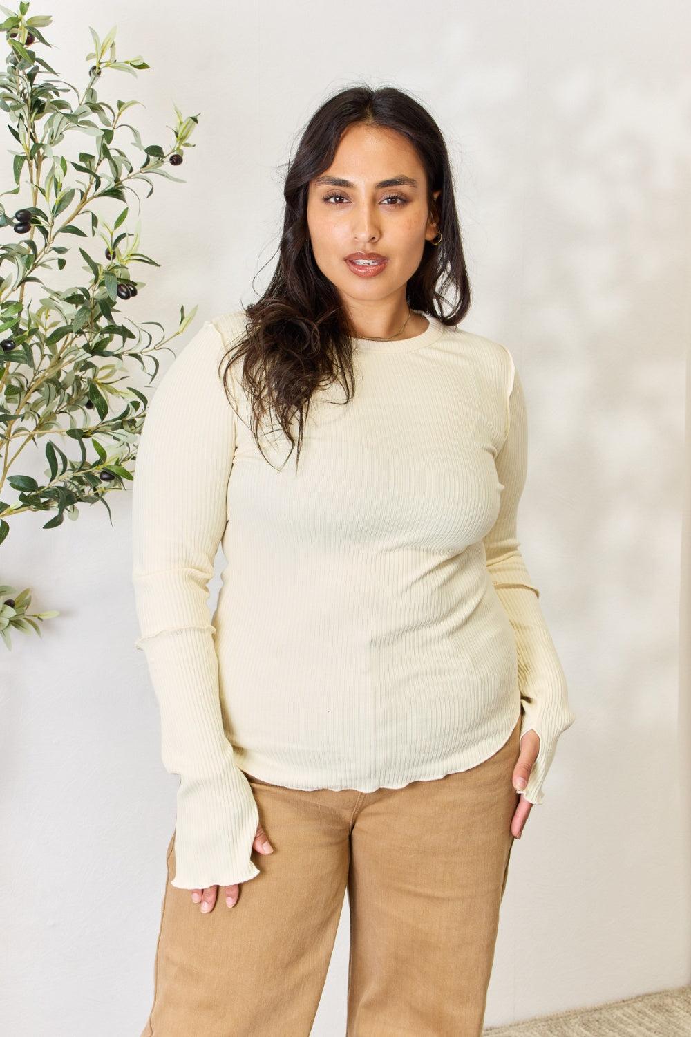 Culture Code Full Size Ribbed Round Neck Long Sleeve Top Carauana Store