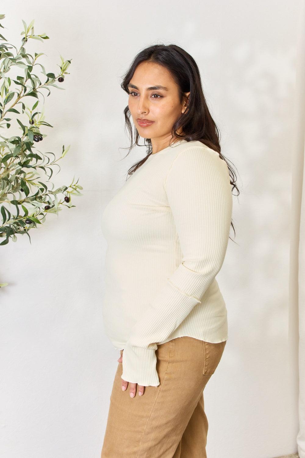 Culture Code Full Size Ribbed Round Neck Long Sleeve Top Carauana Store