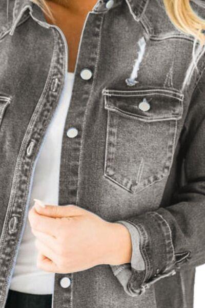 Distressed Button Up Raw Hem Denim Jacket Carauana Store
