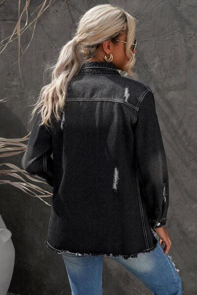 Distressed Button Up Raw Hem Denim Jacket Carauana Store