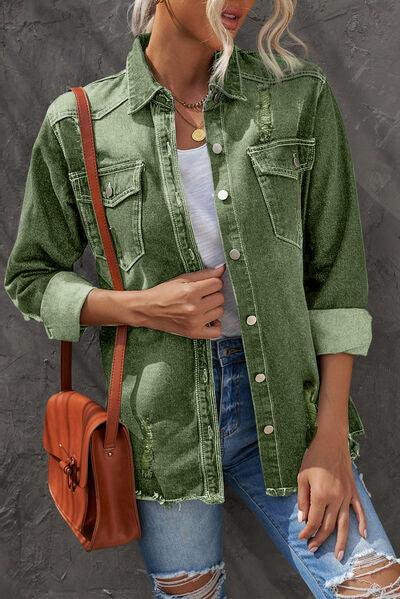Distressed Button Up Raw Hem Denim Jacket Carauana Store