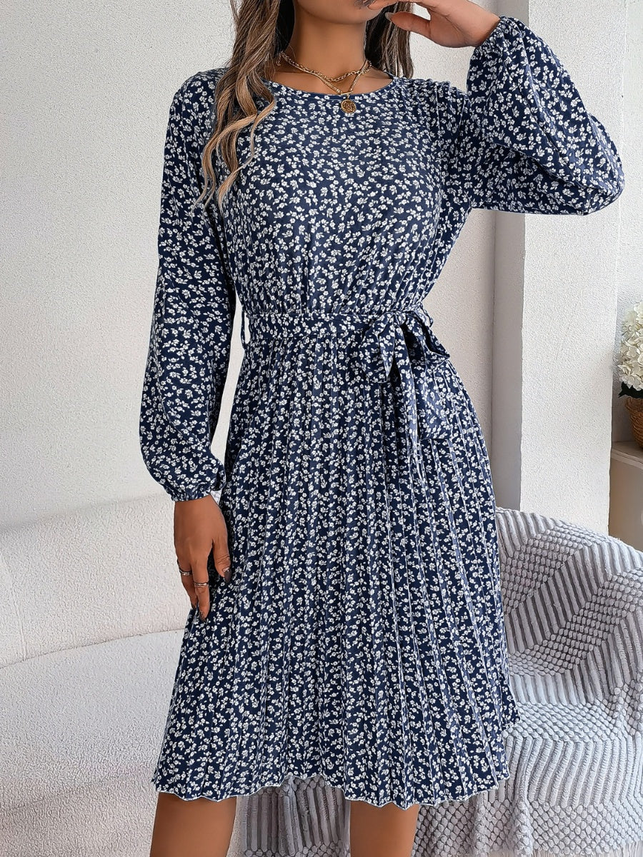 Ditsy Floral Tie Waist Pleated Dress Carauana Store