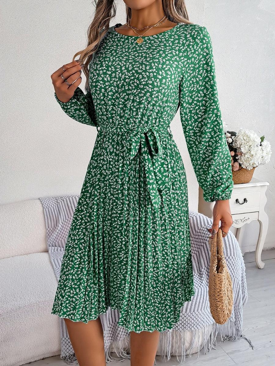 Ditsy Floral Tie Waist Pleated Dress Carauana Store