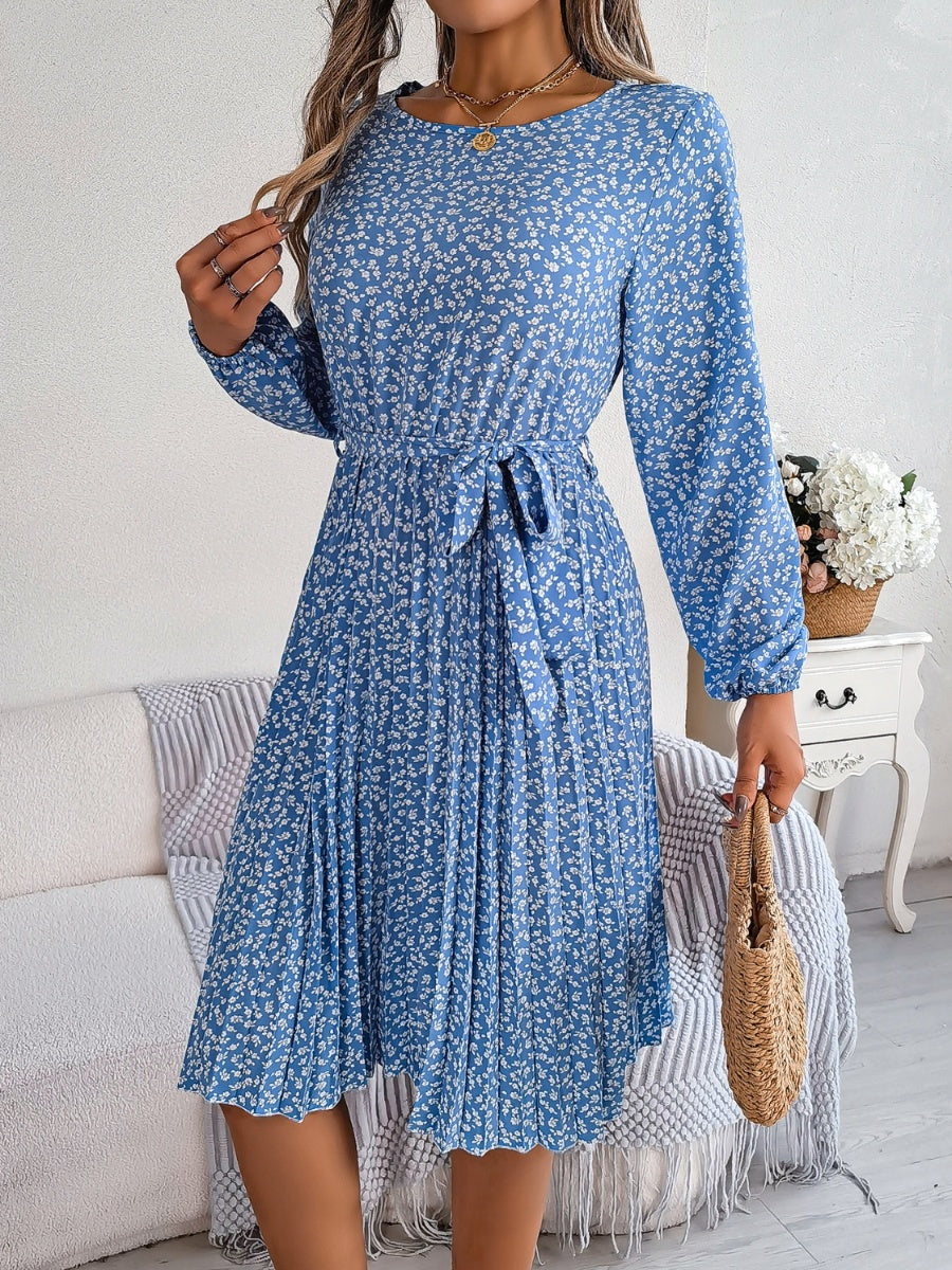 Ditsy Floral Tie Waist Pleated Dress Carauana Store