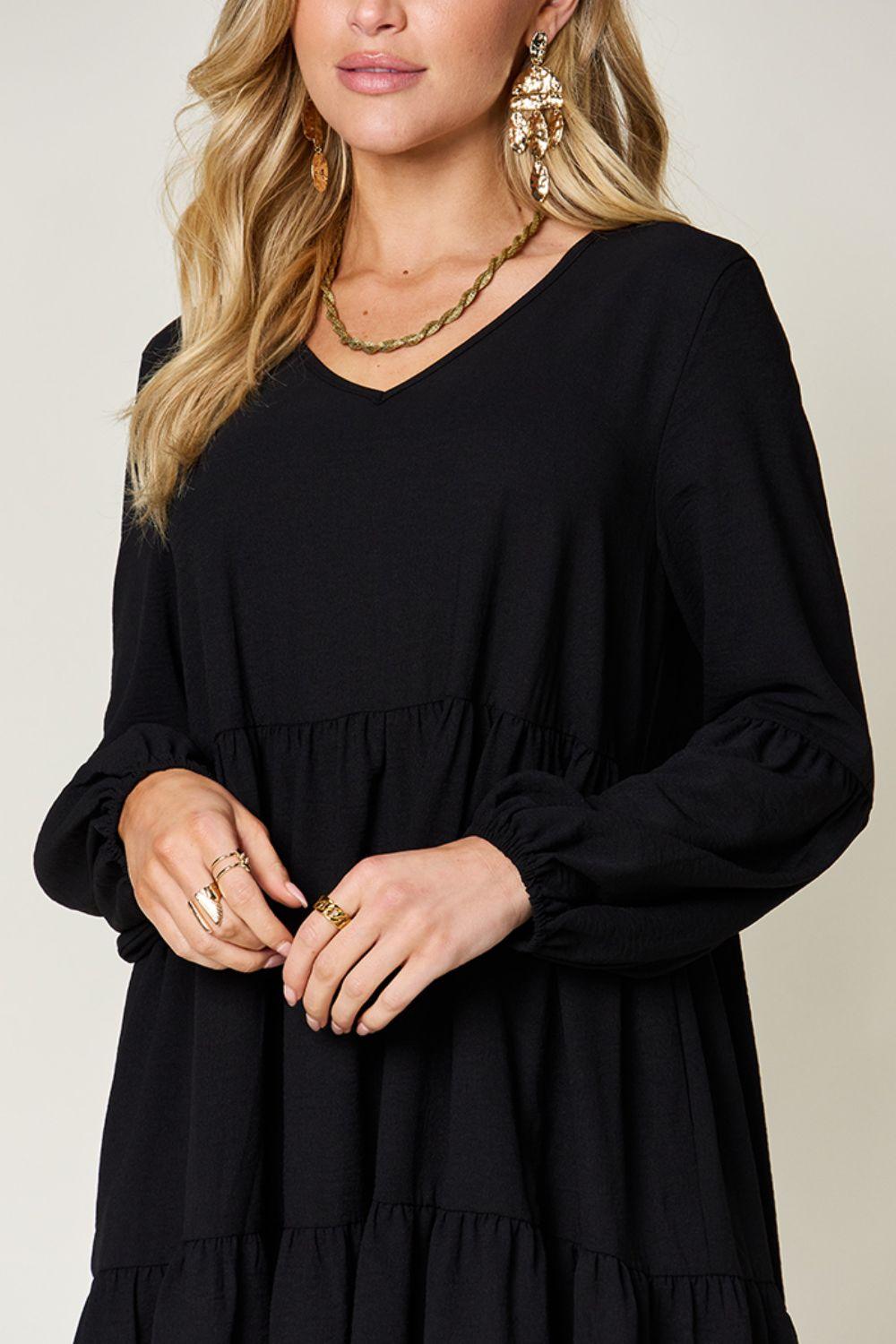 Double Take Full Size V-Neck Balloon Sleeve Tiered Dress Carauana Store
