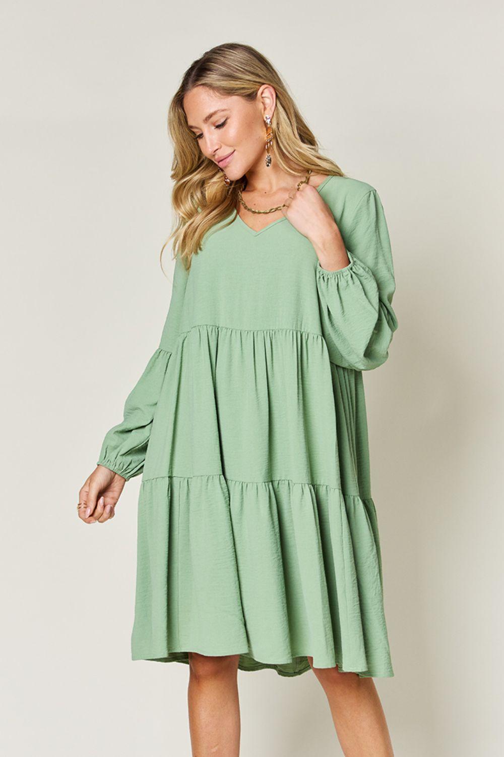 Double Take Full Size V-Neck Balloon Sleeve Tiered Dress Carauana Store