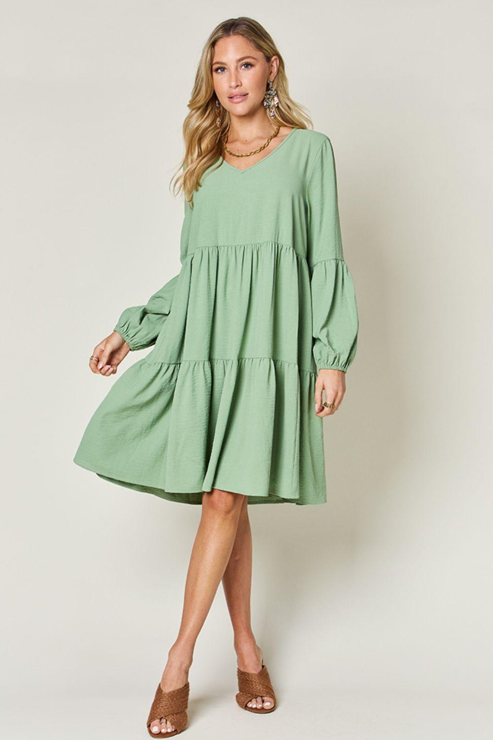 Double Take Full Size V-Neck Balloon Sleeve Tiered Dress Carauana Store