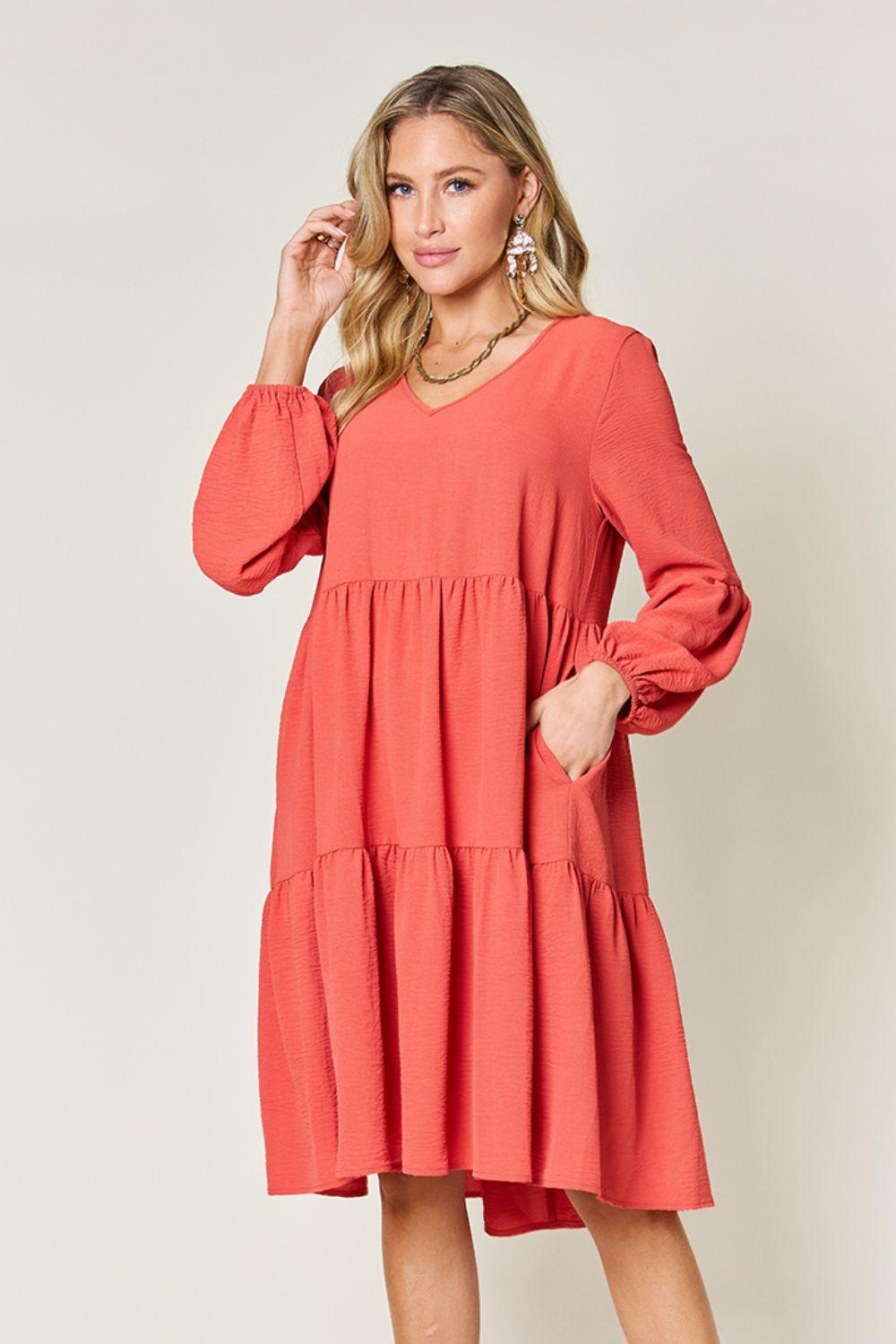 Double Take Full Size V-Neck Balloon Sleeve Tiered Dress Carauana Store