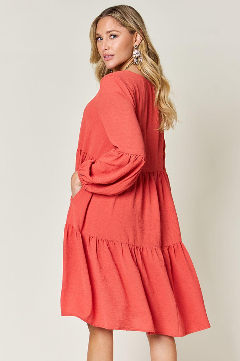 Double Take Full Size V-Neck Balloon Sleeve Tiered Dress Carauana Store