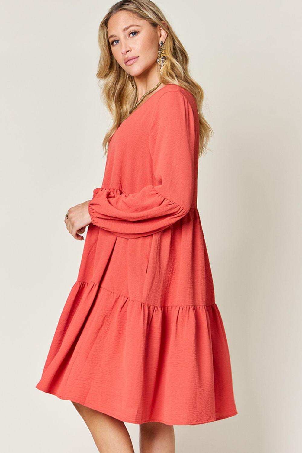 Double Take Full Size V-Neck Balloon Sleeve Tiered Dress Carauana Store