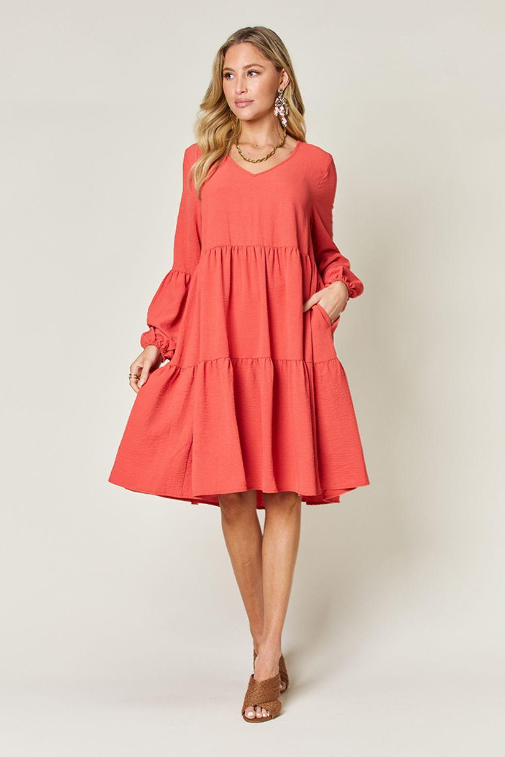 Double Take Full Size V-Neck Balloon Sleeve Tiered Dress Carauana Store