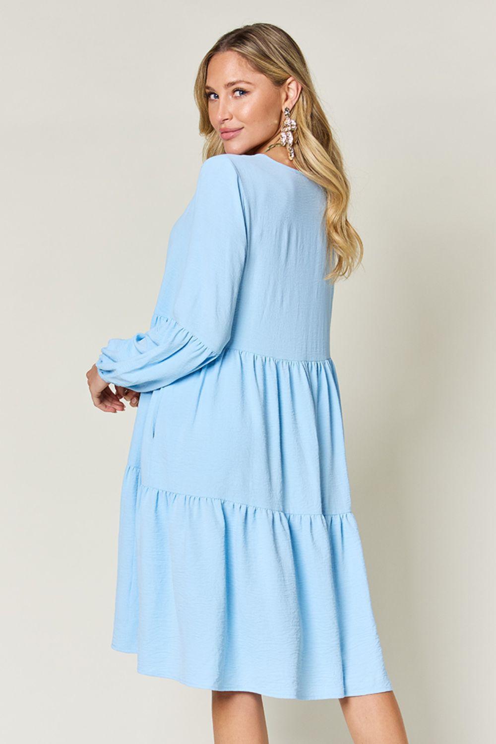 Double Take Full Size V-Neck Balloon Sleeve Tiered Dress Carauana Store