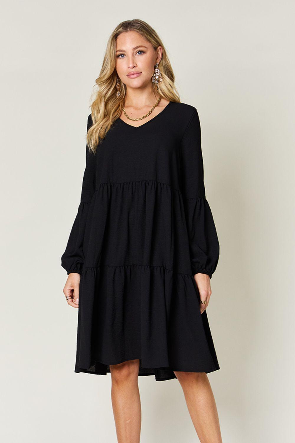 Double Take Full Size V-Neck Balloon Sleeve Tiered Dress Carauana Store