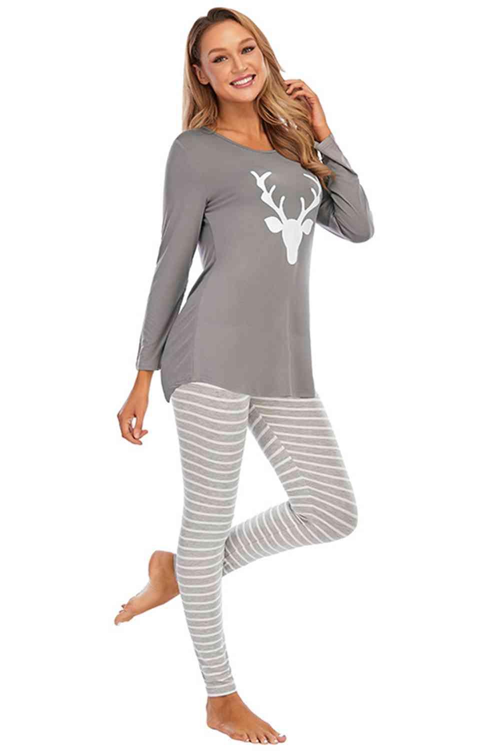 Graphic Round Neck Top and Striped Pants Set Carauana Store