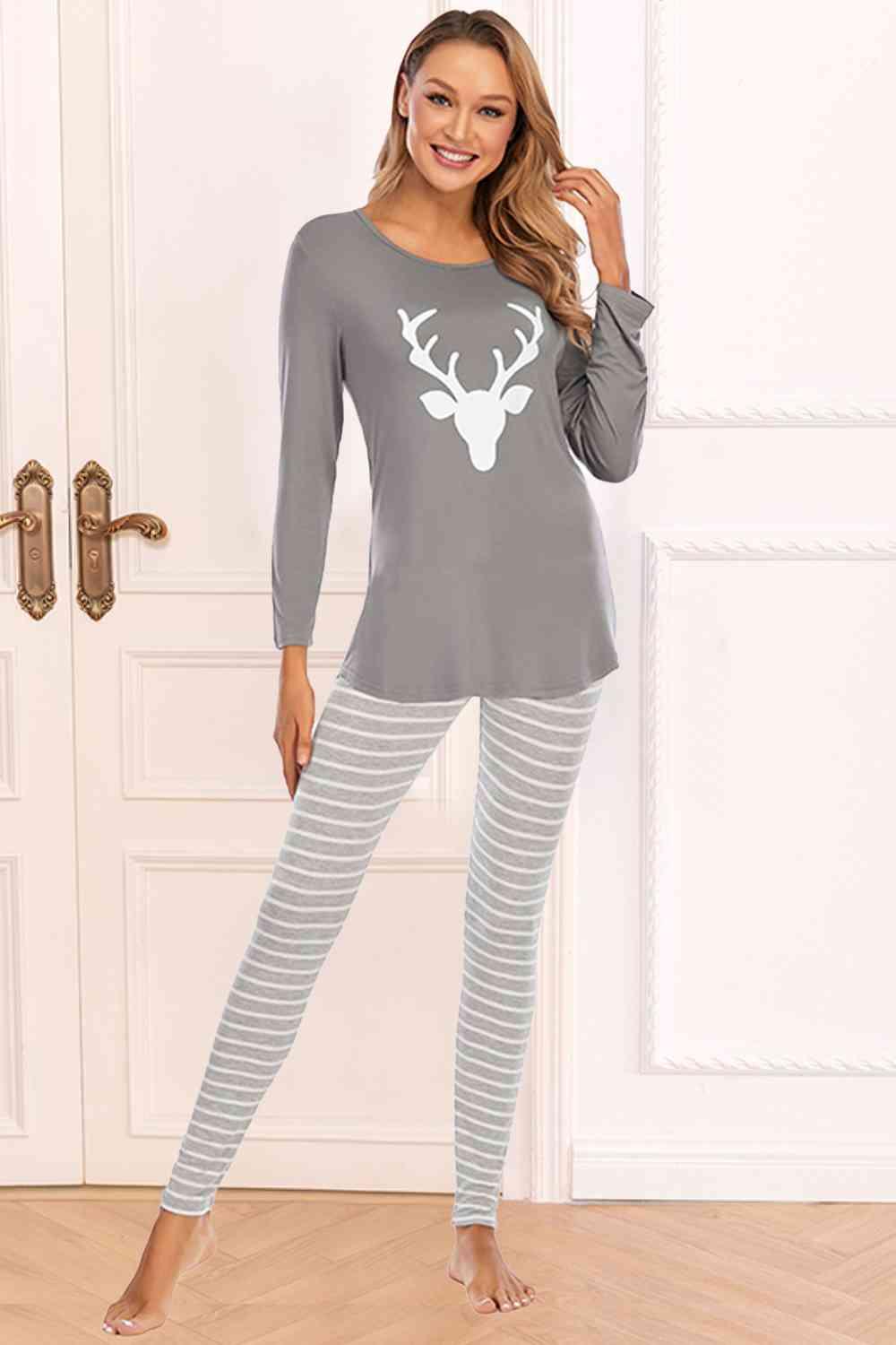 Graphic Round Neck Top and Striped Pants Set Carauana Store