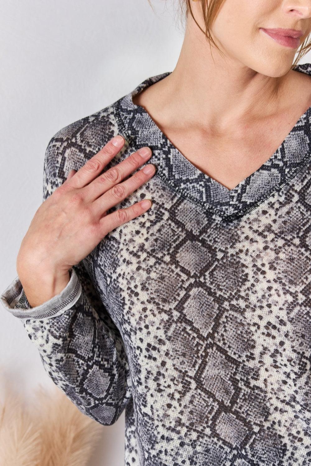 Hailey & Co Full Size Snakeskin V-Neck Long Sleeve Top Carauana Store