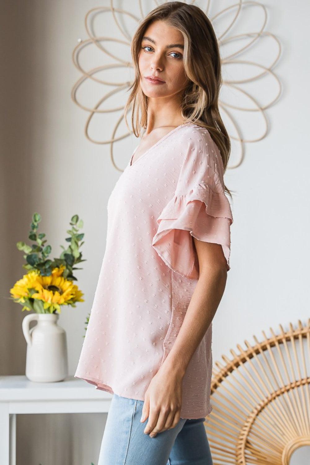 Heimish Full Size Swiss Dot Ruffle Short Sleeve Top Carauana Store