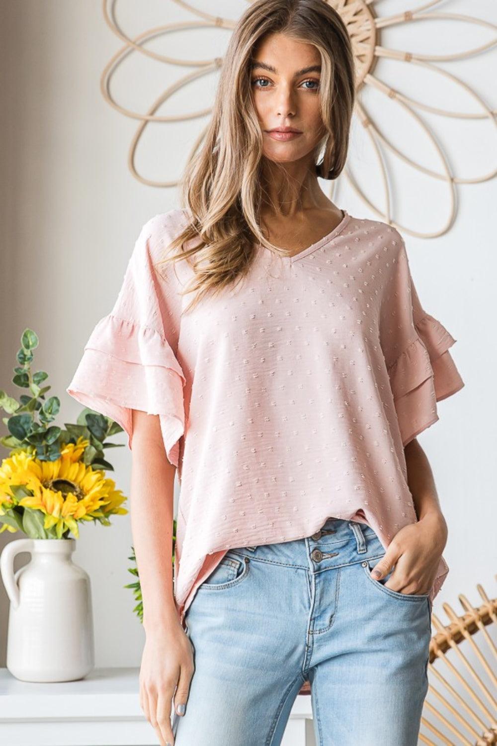 Heimish Full Size Swiss Dot Ruffle Short Sleeve Top Carauana Store
