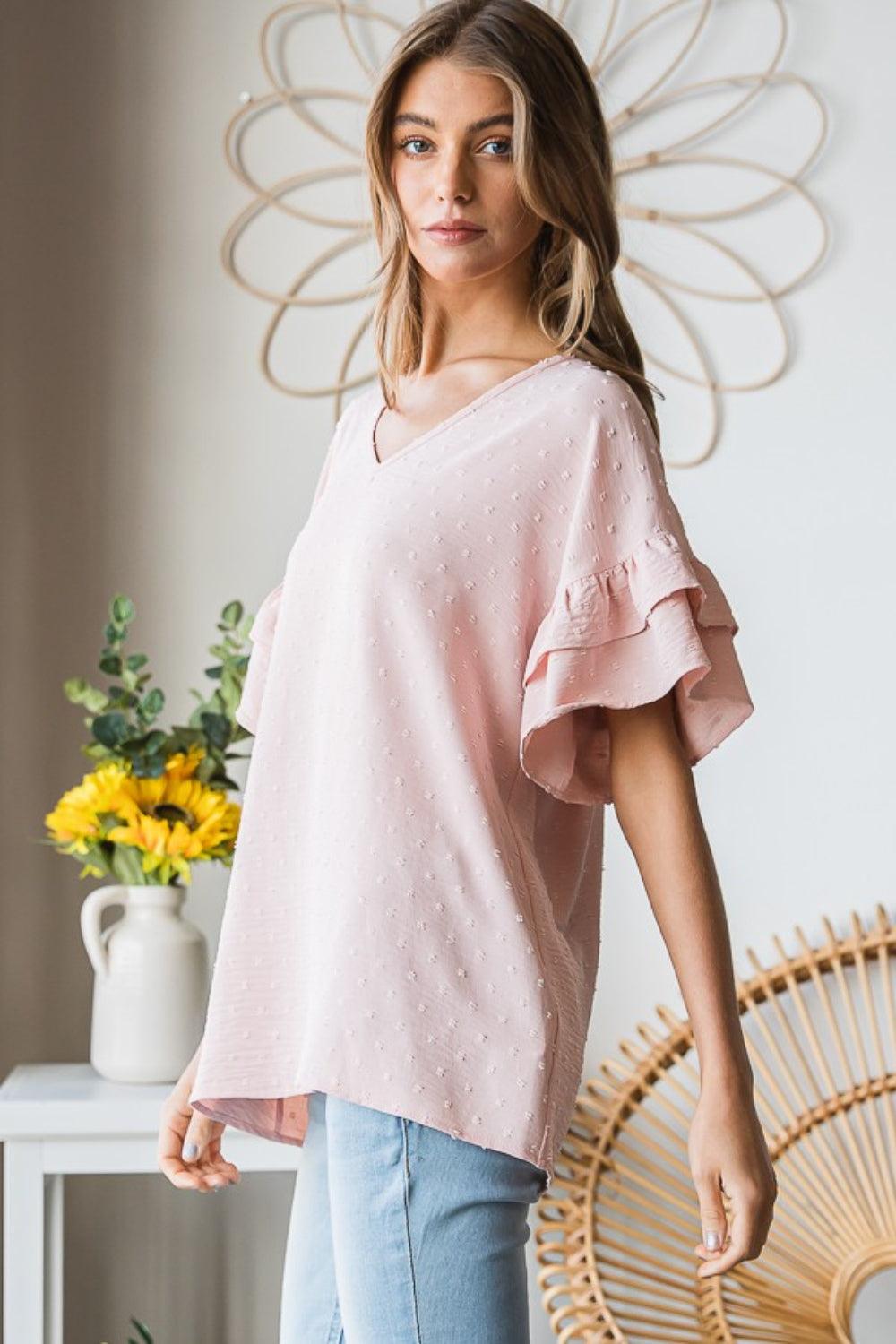 Heimish Full Size Swiss Dot Ruffle Short Sleeve Top Carauana Store