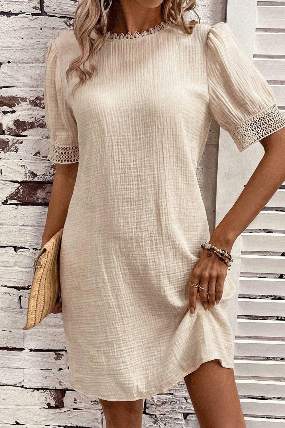 Lace Detail Round Neck Short Sleeve Mini Dress Carauana Store