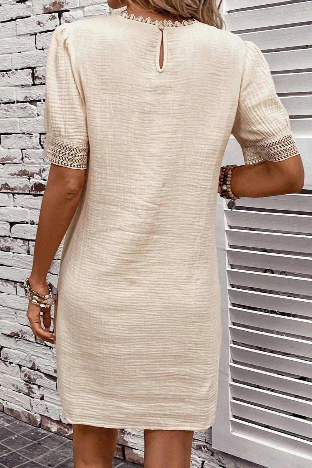 Lace Detail Round Neck Short Sleeve Mini Dress Carauana Store