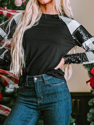 Plaid Sequin Long Sleeve Round Neck Sweatshirt Carauana Store