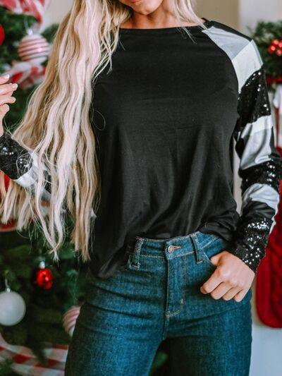 Plaid Sequin Long Sleeve Round Neck Sweatshirt Carauana Store