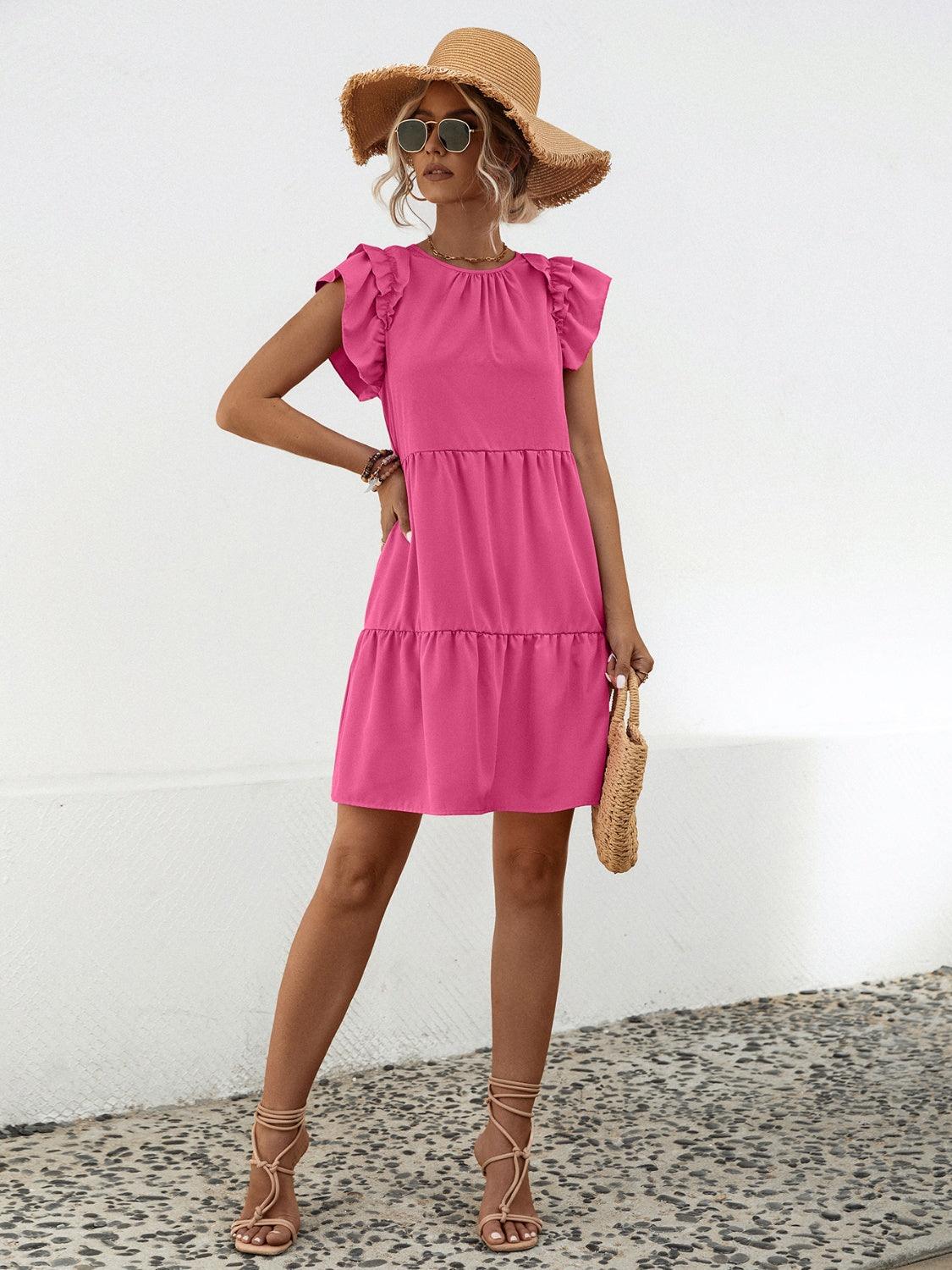 Ruffled Round Neck Cap Sleeve Mini Dress Carauana Store