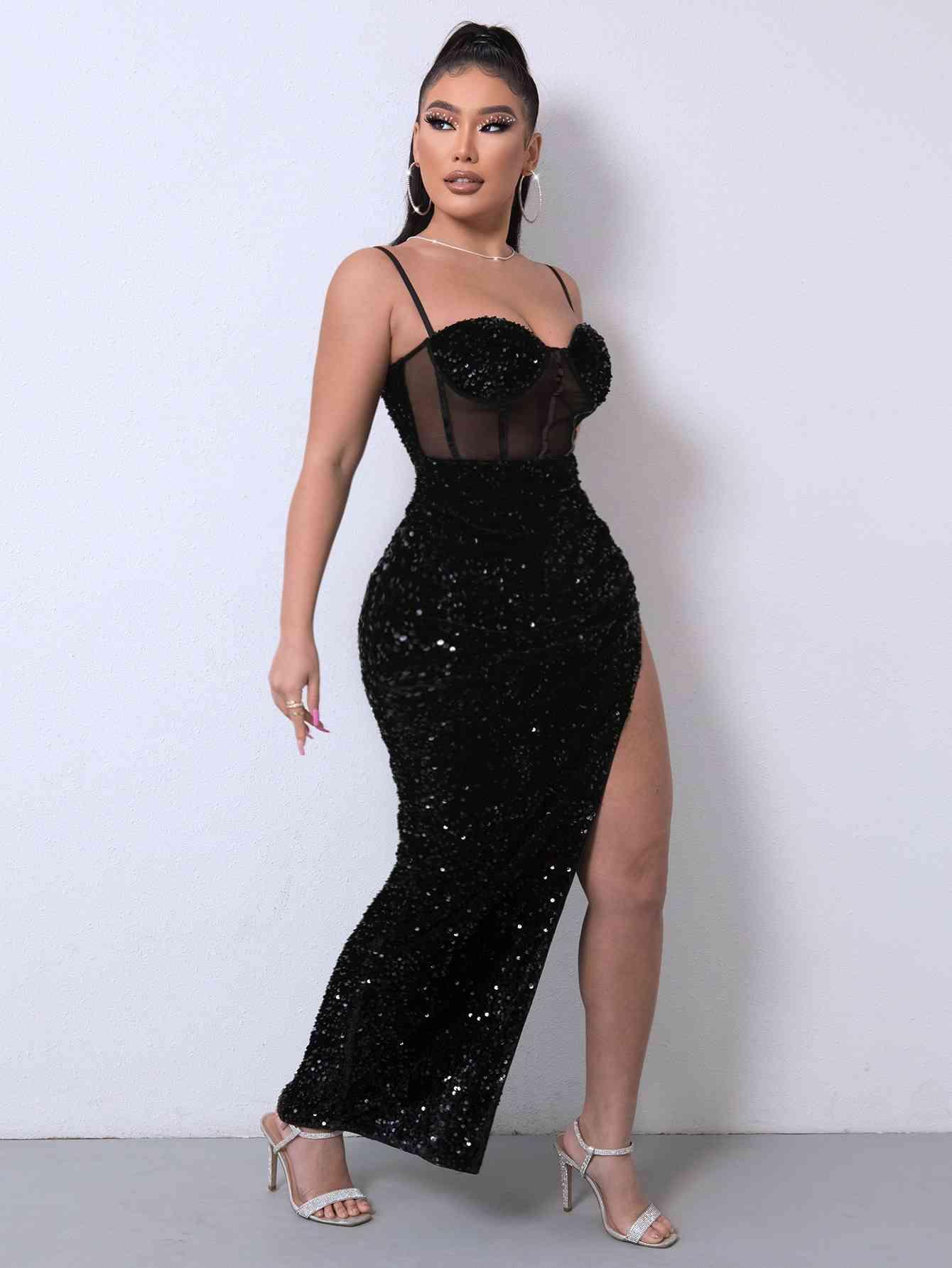 Sequin Spliced Mesh Adjustable Strap Dress Carauana Store