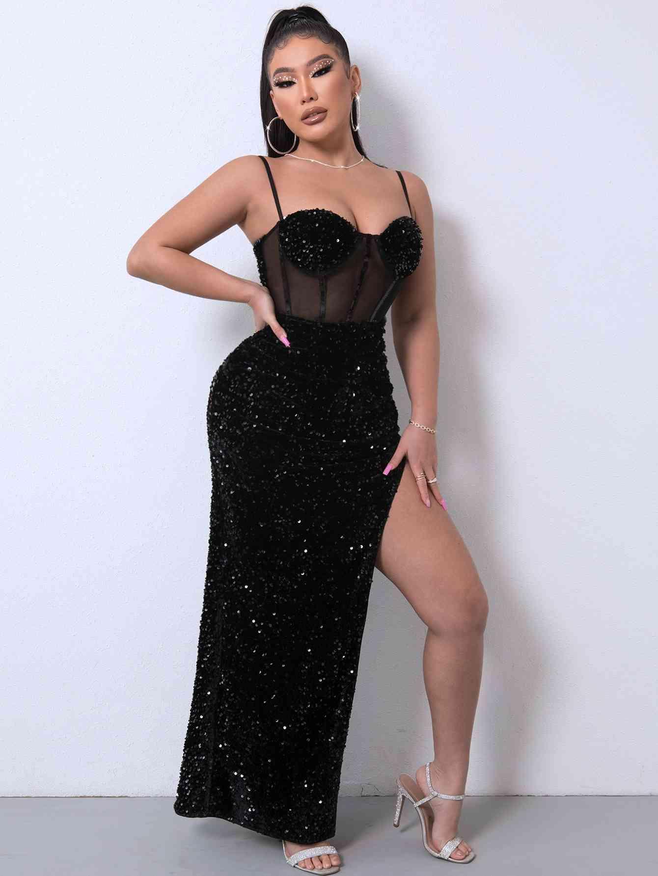 Sequin Spliced Mesh Adjustable Strap Dress Carauana Store