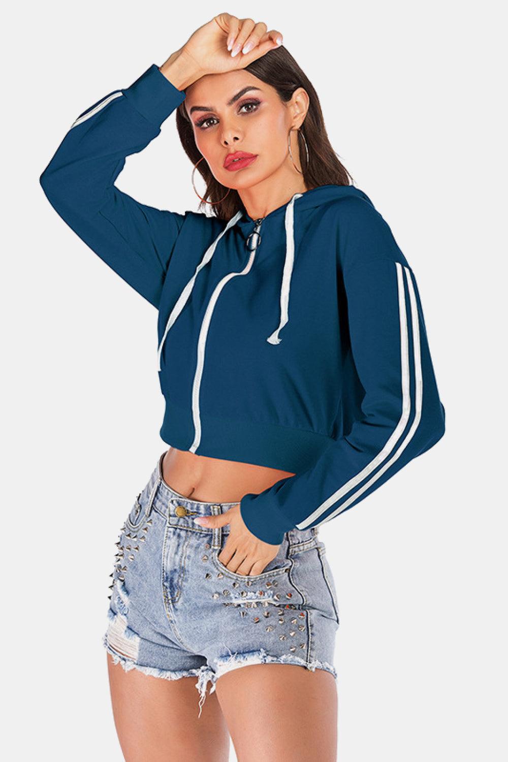 Side Stripe Drawstring Cropped Hooded Jacket Carauana Store