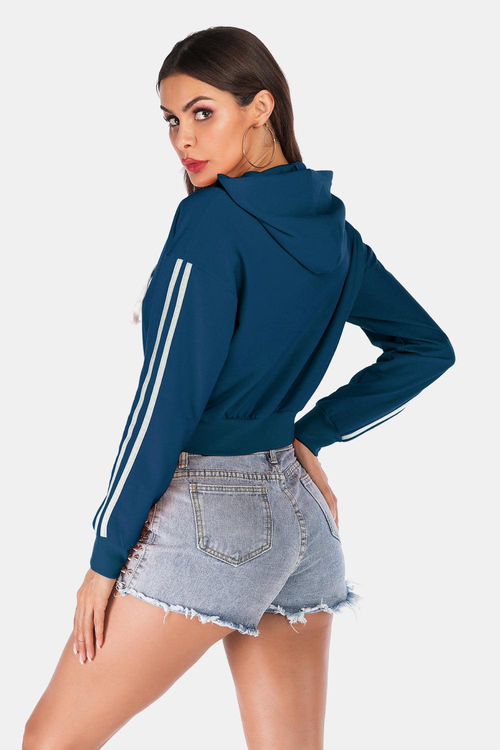 Side Stripe Drawstring Cropped Hooded Jacket Carauana Store