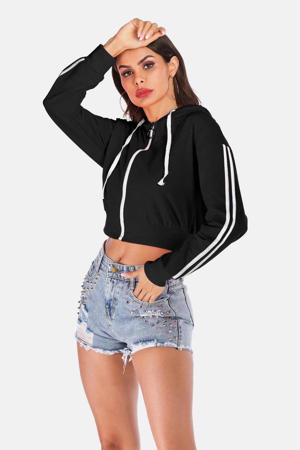 Side Stripe Drawstring Cropped Hooded Jacket Carauana Store