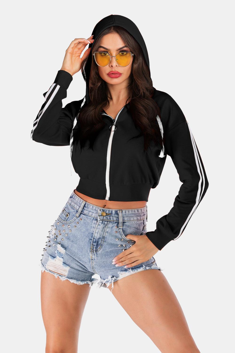 Side Stripe Drawstring Cropped Hooded Jacket Carauana Store